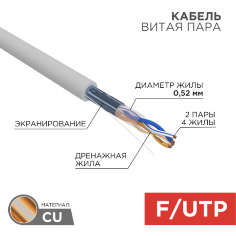 Кабель информационный F/UTP категория 5е 2х2х24AWG(0,52мм) 305м (медь) ZH нг(А)-HF solid серый REXANT PRO фото 1