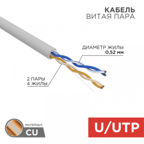 Кабель информационный U/UTP CAT 5e ZH нг(А)-HF, 2х2х0,52мм 24AWG INDOOR SOLID серый 305м REXANT PRO фото 1